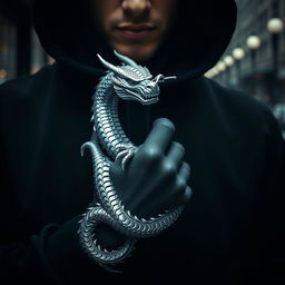 A dramatic close-up of a person wearing a black hoodie, featuring a striking silver dragon intricately wrapped around their hand