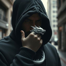 A dramatic close-up of a person wearing a black hoodie, featuring a striking silver dragon intricately wrapped around their hand