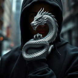 A dramatic close-up of a person wearing a black hoodie, featuring a striking silver dragon intricately wrapped around their hand
