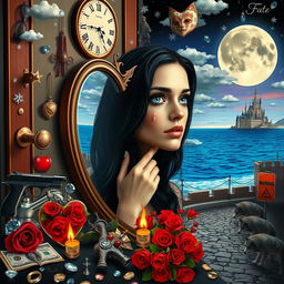 A beautiful, stunning young woman with black hair and crystal blue eyes, crying gracefully as she peers into a heart-shaped mirror