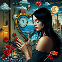 A beautiful, stunning young woman with black hair and crystal blue eyes, crying gracefully as she peers into a heart-shaped mirror