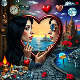 A beautiful, stunning young woman with black hair and crystal blue eyes, crying gracefully as she peers into a heart-shaped mirror