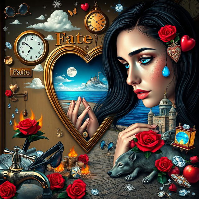A beautiful, stunning young woman with black hair and crystal blue eyes, crying gracefully as she peers into a heart-shaped mirror