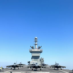 A military aircraft carrier showcasing a large assembly of combat planes