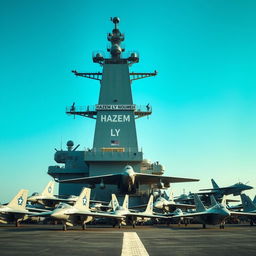 A military aircraft carrier showcasing a large assembly of combat planes