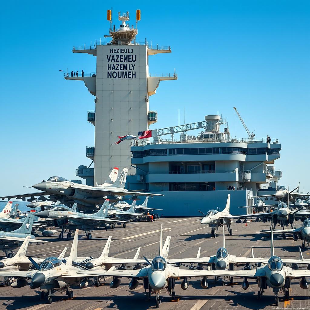 A military aircraft carrier showcasing a large assembly of combat planes