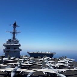 A military aircraft carrier showcasing a large assembly of combat planes
