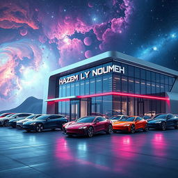 A futuristic automotive company located in space with a sleek, high-tech building displaying the name 'HAZEM LY NOUMEH'