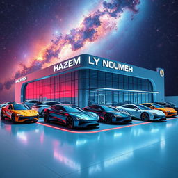 A futuristic automotive company located in space with a sleek, high-tech building displaying the name 'HAZEM LY NOUMEH'
