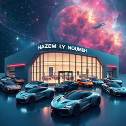 A futuristic automotive company located in space with a sleek, high-tech building displaying the name 'HAZEM LY NOUMEH'