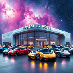 A futuristic automotive company located in space with a sleek, high-tech building displaying the name 'HAZEM LY NOUMEH'