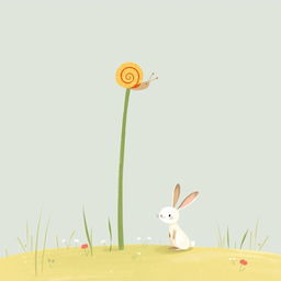 A cute little snail climbing to the top of a tall blade of grass, with a small rabbit standing underneath