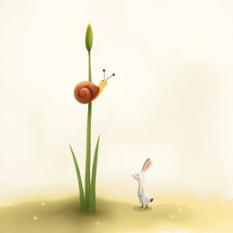A cute little snail climbing to the top of a tall blade of grass, with a small rabbit standing underneath