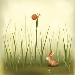 A cute little snail climbing to the top of a tall blade of grass, with a small rabbit standing underneath