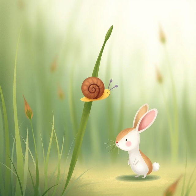 A cute little snail climbing to the top of a tall blade of grass, with a small rabbit standing underneath