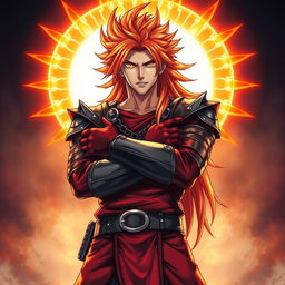 A striking light novel cover showcasing a tall male character with long, orange flaming hair that appears to shimmer with intensity