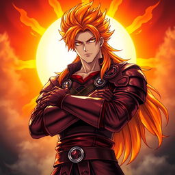 A striking light novel cover showcasing a tall male character with long, orange flaming hair that appears to shimmer with intensity