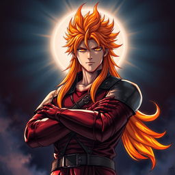A striking light novel cover showcasing a tall male character with long, orange flaming hair that appears to shimmer with intensity