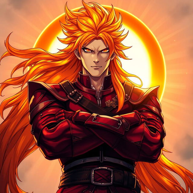 A striking light novel cover showcasing a tall male character with long, orange flaming hair that appears to shimmer with intensity