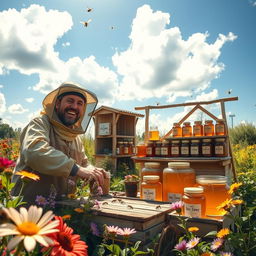 A vibrant and idyllic scene of beekeeping and honey selling