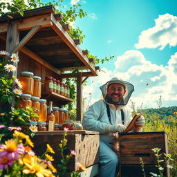 A vibrant and idyllic scene of beekeeping and honey selling