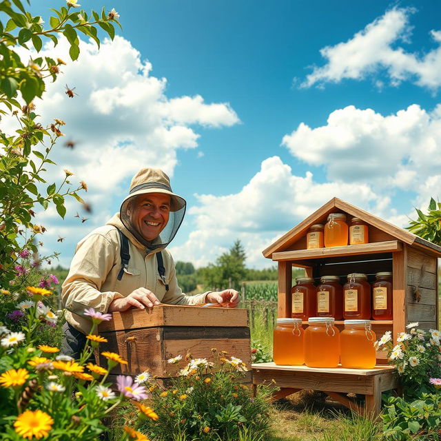 A vibrant and idyllic scene of beekeeping and honey selling