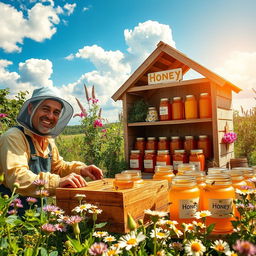 A vibrant and idyllic scene of beekeeping and honey selling