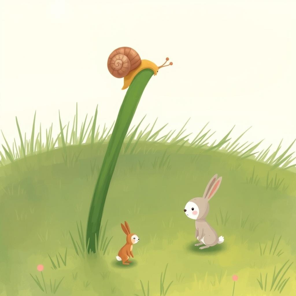 A delightful scene on a grassland featuring a cute little snail climbing to the top of a blade of grass, slightly bending it down