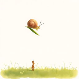 A delightful scene on a grassland featuring a cute little snail climbing to the top of a blade of grass, slightly bending it down