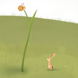 A delightful scene on a grassland featuring a cute little snail climbing to the top of a blade of grass, slightly bending it down