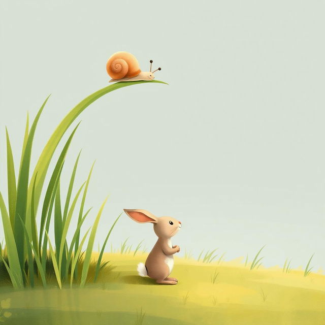 A delightful scene on a grassland featuring a cute little snail climbing to the top of a blade of grass, slightly bending it down