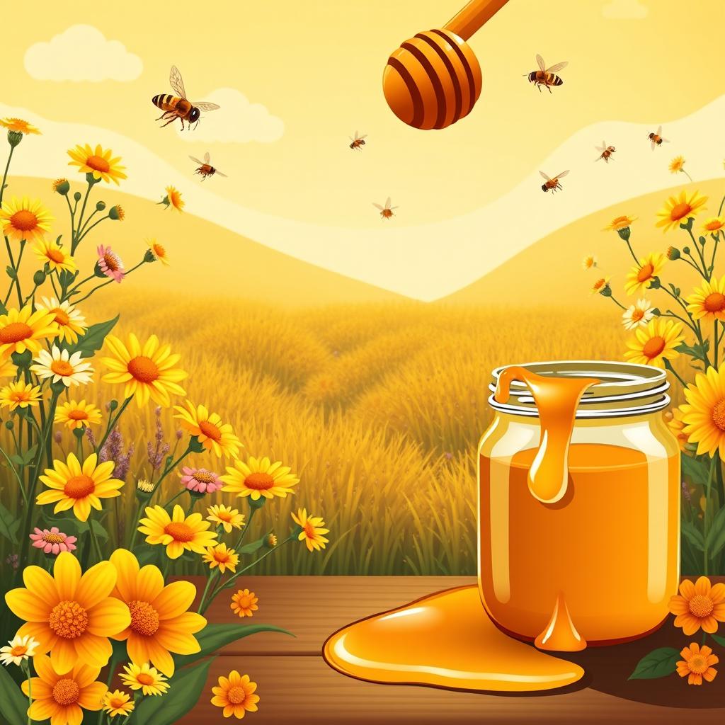 A vibrant and inviting background design for a honey selling business, featuring fields of blooming wildflowers, golden honeycombs, and jars of honey with drips of honey spilling from a honey dipper