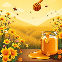 A vibrant and inviting background design for a honey selling business, featuring fields of blooming wildflowers, golden honeycombs, and jars of honey with drips of honey spilling from a honey dipper