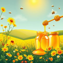 A vibrant and inviting background design for a honey selling business, featuring fields of blooming wildflowers, golden honeycombs, and jars of honey with drips of honey spilling from a honey dipper
