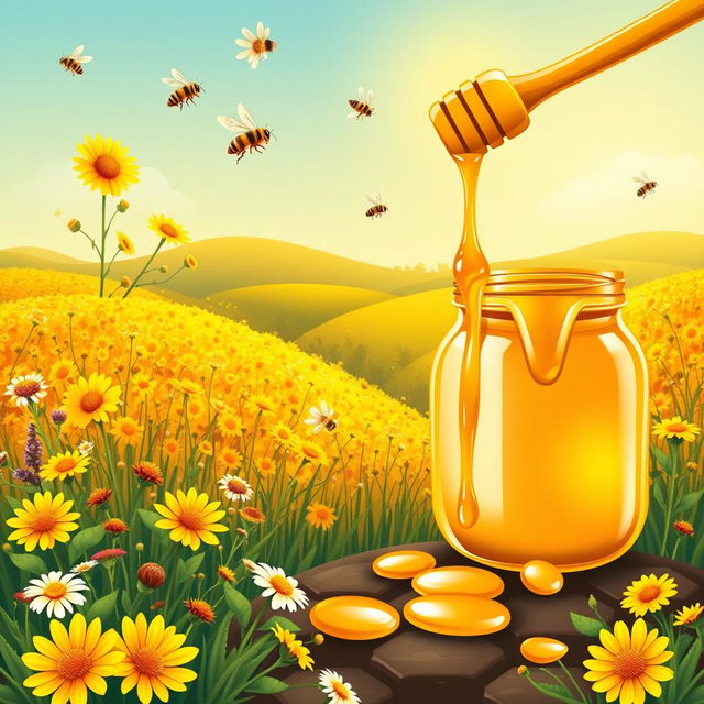 A vibrant and inviting background design for a honey selling business, featuring fields of blooming wildflowers, golden honeycombs, and jars of honey with drips of honey spilling from a honey dipper