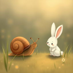 In the early morning, a brown little snail is munching on a blade of grass, with a cute little white rabbit crouching next to it