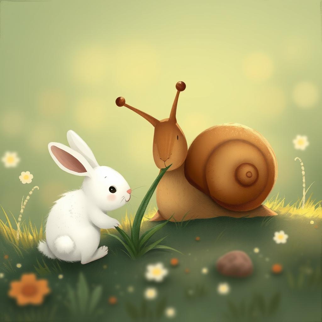 In the early morning, a brown little snail is munching on a blade of grass, with a cute little white rabbit crouching next to it