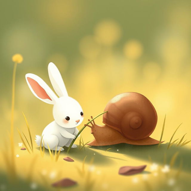 In the early morning, a brown little snail is munching on a blade of grass, with a cute little white rabbit crouching next to it