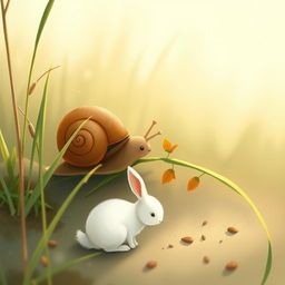 In the early morning, a brown little snail is munching on a blade of grass, with a cute little white rabbit crouching next to it