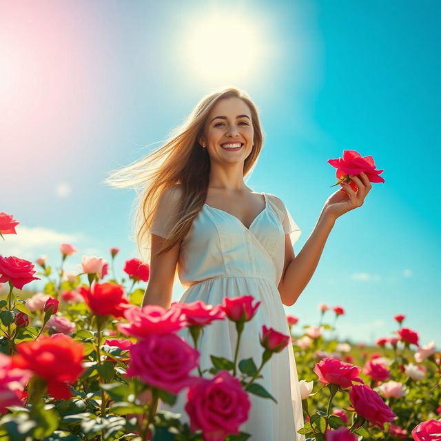 A beautiful woman standing in a sunny meadow surrounded by blooming roses