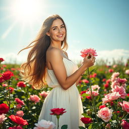 A beautiful woman standing in a sunny meadow surrounded by blooming roses