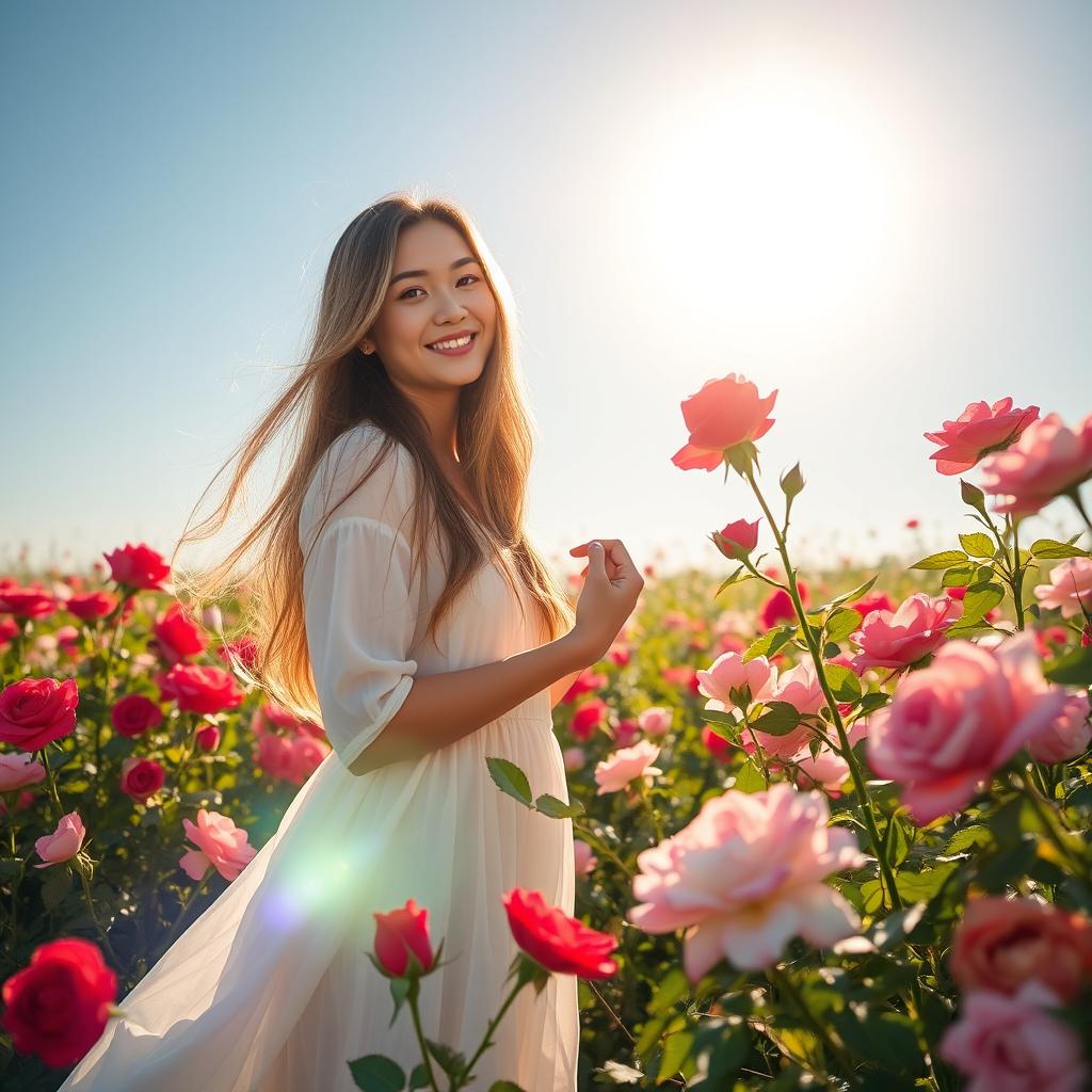 A beautiful woman standing in a sunny meadow surrounded by blooming roses