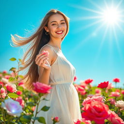A beautiful woman standing in a sunny meadow surrounded by blooming roses