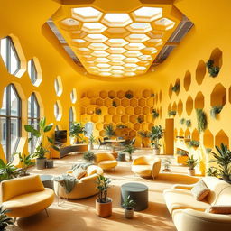 An office interior designed to resemble a beehive, featuring hexagonal walls and honeycomb patterns integrated into the structure