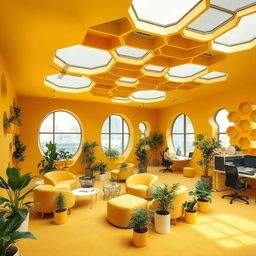 An office interior designed to resemble a beehive, featuring hexagonal walls and honeycomb patterns integrated into the structure