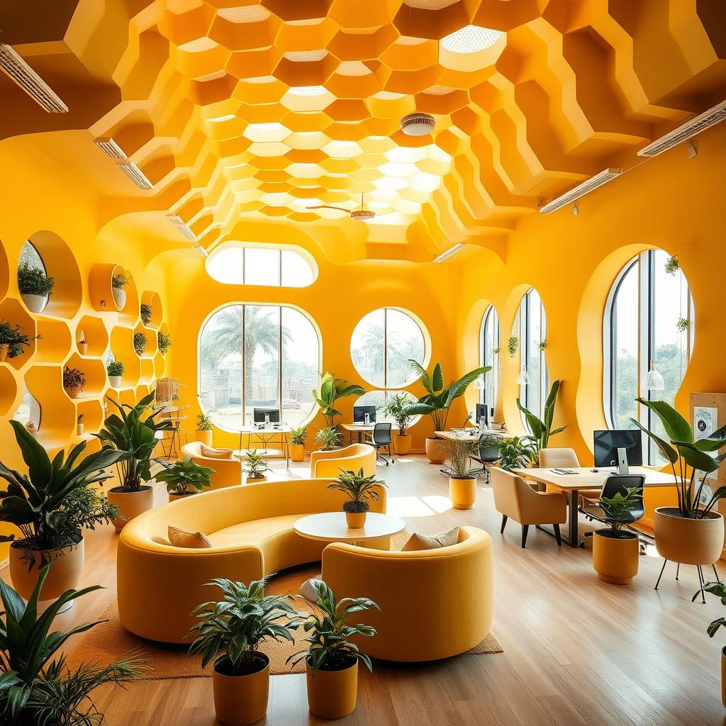 An office interior designed to resemble a beehive, featuring hexagonal walls and honeycomb patterns integrated into the structure