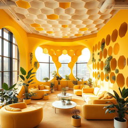 An office interior designed to resemble a beehive, featuring hexagonal walls and honeycomb patterns integrated into the structure