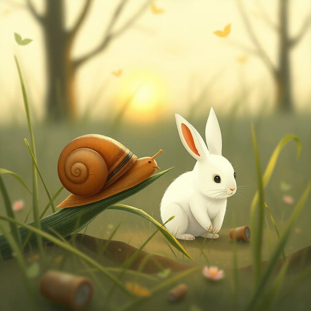 In the early morning, a brown little snail is resting on a blade of grass, munching on it, while a cute little white rabbit crouches nearby