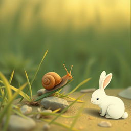 In the early morning, a brown little snail is resting on a blade of grass, munching on it, while a cute little white rabbit crouches nearby