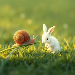 In the early morning, a brown little snail is resting on a blade of grass, munching on it, while a cute little white rabbit crouches nearby